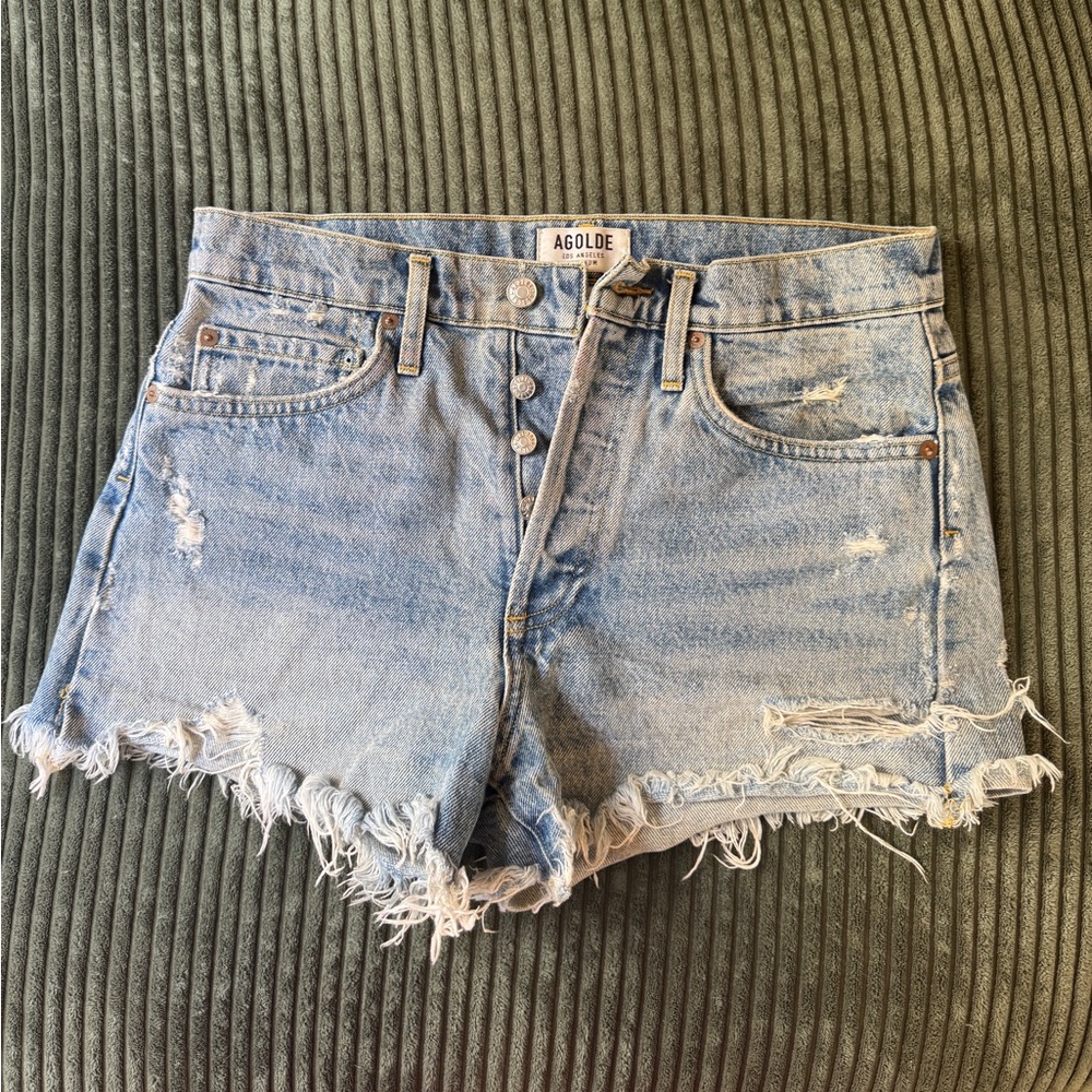 Agolde Light Blue Distressed Jean Shorts